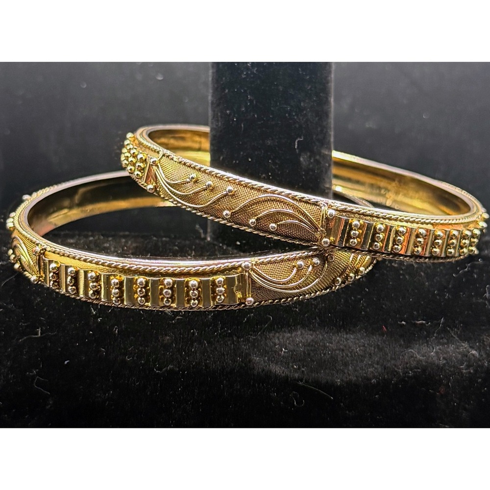 Vintage 80s Gold Tone Filigree Beaded Bangle Bracelet Set 2pc Retro Etched